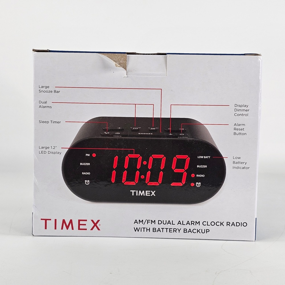 Timex T232B AM/FM Dual Alarm Clock Radio Digital Tuner Battery Backup Red LED